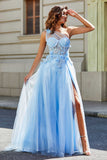 One-Shoulder-Applikation mit hohem Schlitz, Tüll, Abschlussballkleid, formelle Abendkleider