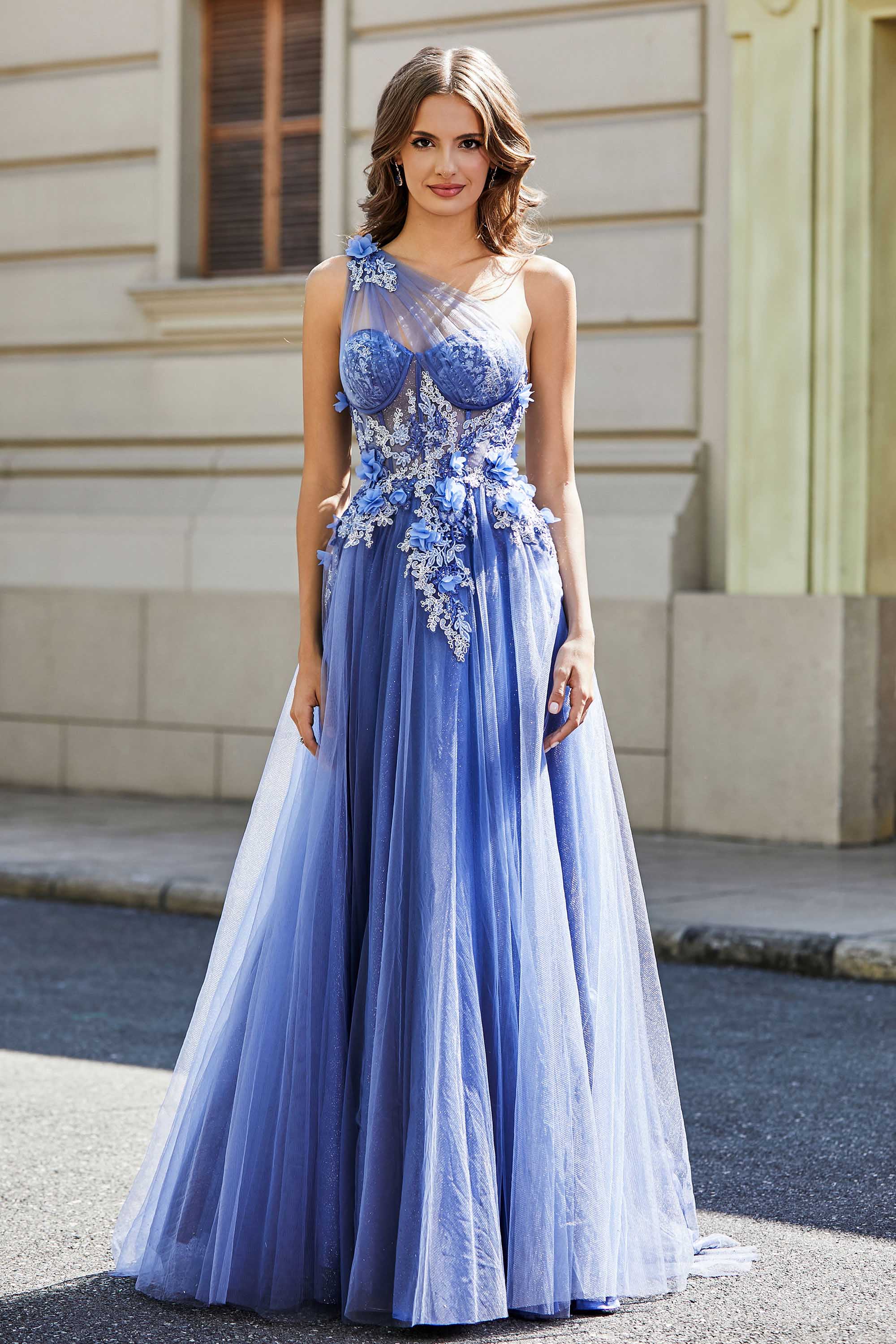 One-Shoulder-Applikation mit hohem Schlitz, Tüll, Abschlussballkleid, formelle Abendkleider