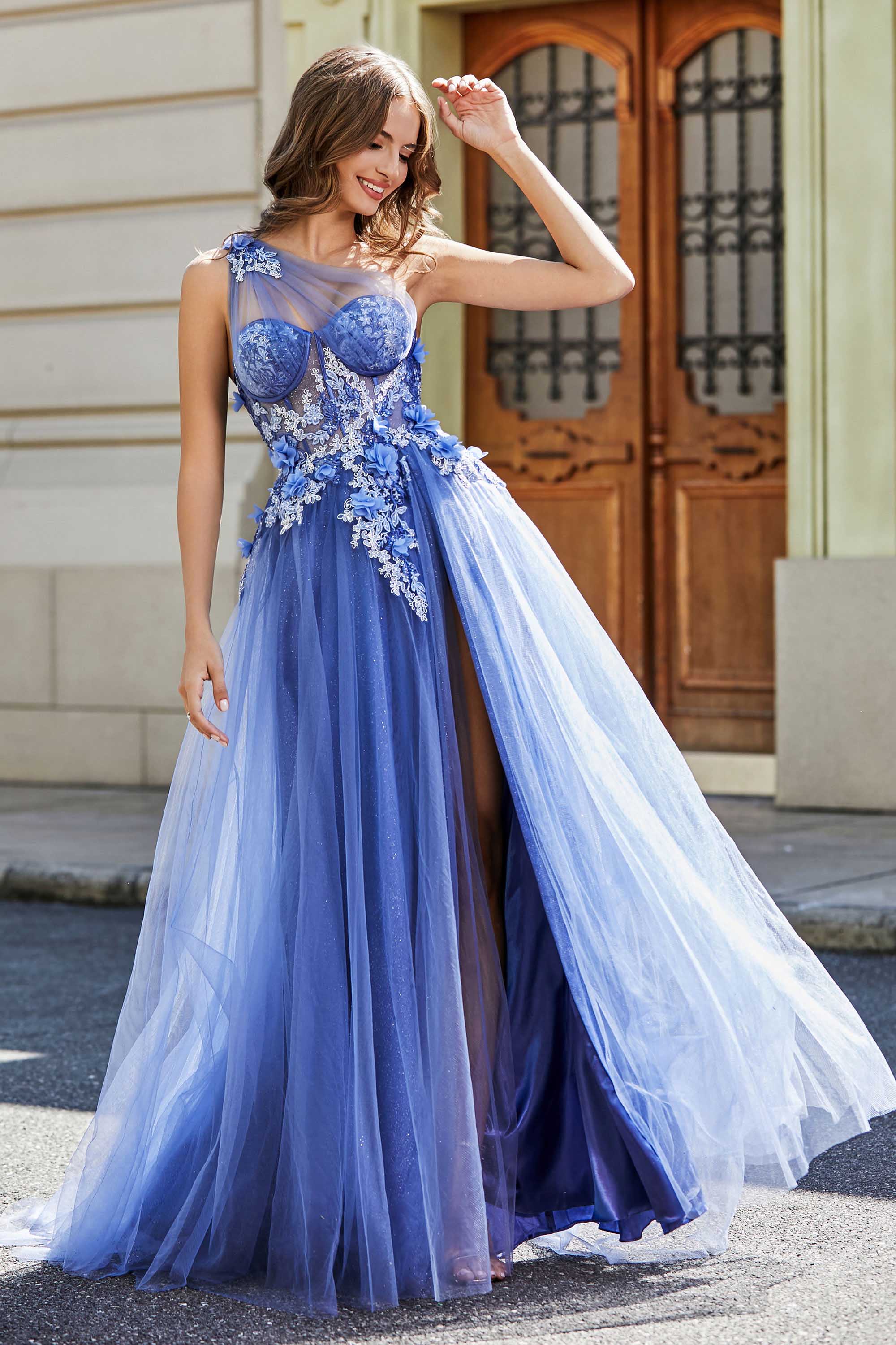 One-Shoulder-Applikation mit hohem Schlitz, Tüll, Abschlussballkleid, formelle Abendkleider