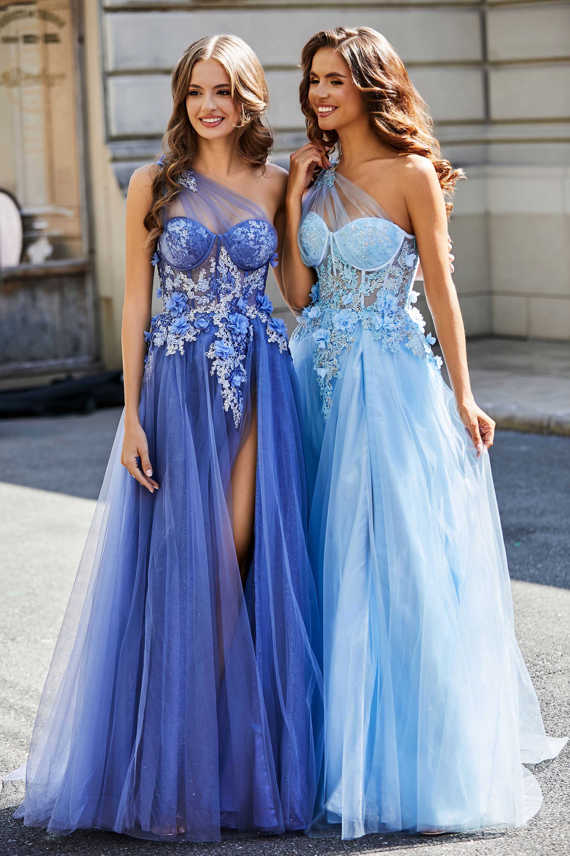 One-Shoulder-Applikation mit hohem Schlitz, Tüll, Abschlussballkleid, formelle Abendkleider