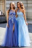 One-Shoulder-Applikation mit hohem Schlitz, Tüll, Abschlussballkleid, formelle Abendkleider