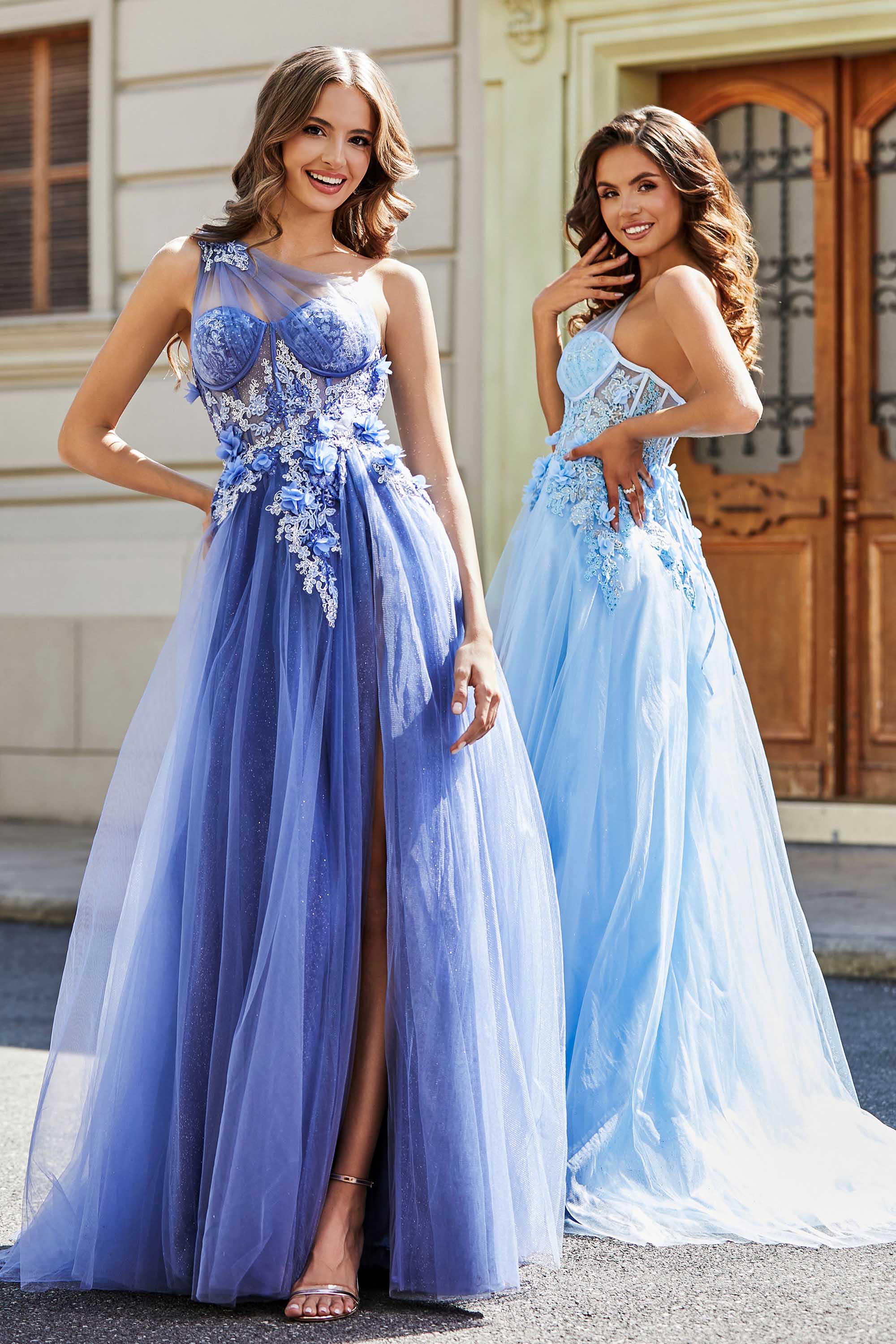 One-Shoulder-Applikation mit hohem Schlitz, Tüll, Abschlussballkleid, formelle Abendkleider