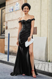 Off Shoulder Pleated Mermaid Satin Formal Evening Gown Prom Party Dresses with Slit