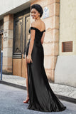 Off Shoulder Pleated Mermaid Satin Formal Evening Gown Prom Party Dresses with Slit