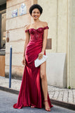 Off Shoulder Pleated Mermaid Satin Formal Evening Gown Prom Party Dresses with Slit