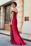 Off Shoulder Pleated Mermaid Satin Formal Evening Gown Prom Party Dresses with Slit