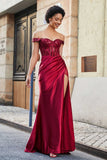 Off Shoulder Pleated Mermaid Satin Formal Evening Gown Prom Party Dresses with Slit