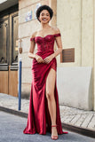 Off Shoulder Pleated Mermaid Satin Formal Evening Gown Prom Party Dresses with Slit