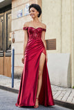 Off Shoulder Pleated Mermaid Satin Formal Evening Gown Prom Party Dresses with Slit