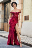 Off Shoulder Pleated Mermaid Satin Formal Evening Gown Prom Party Dresses with Slit
