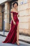 Off Shoulder Pleated Mermaid Satin Formal Evening Gown Prom Party Dresses with Slit