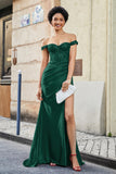 Off Shoulder Pleated Mermaid Satin Formal Evening Gown Prom Party Dresses with Slit