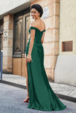 Off Shoulder Pleated Mermaid Satin Formal Evening Gown Prom Party Dresses with Slit