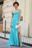 Off Shoulder Pleated Mermaid Satin Formal Evening Gown Prom Party Dresses with Slit