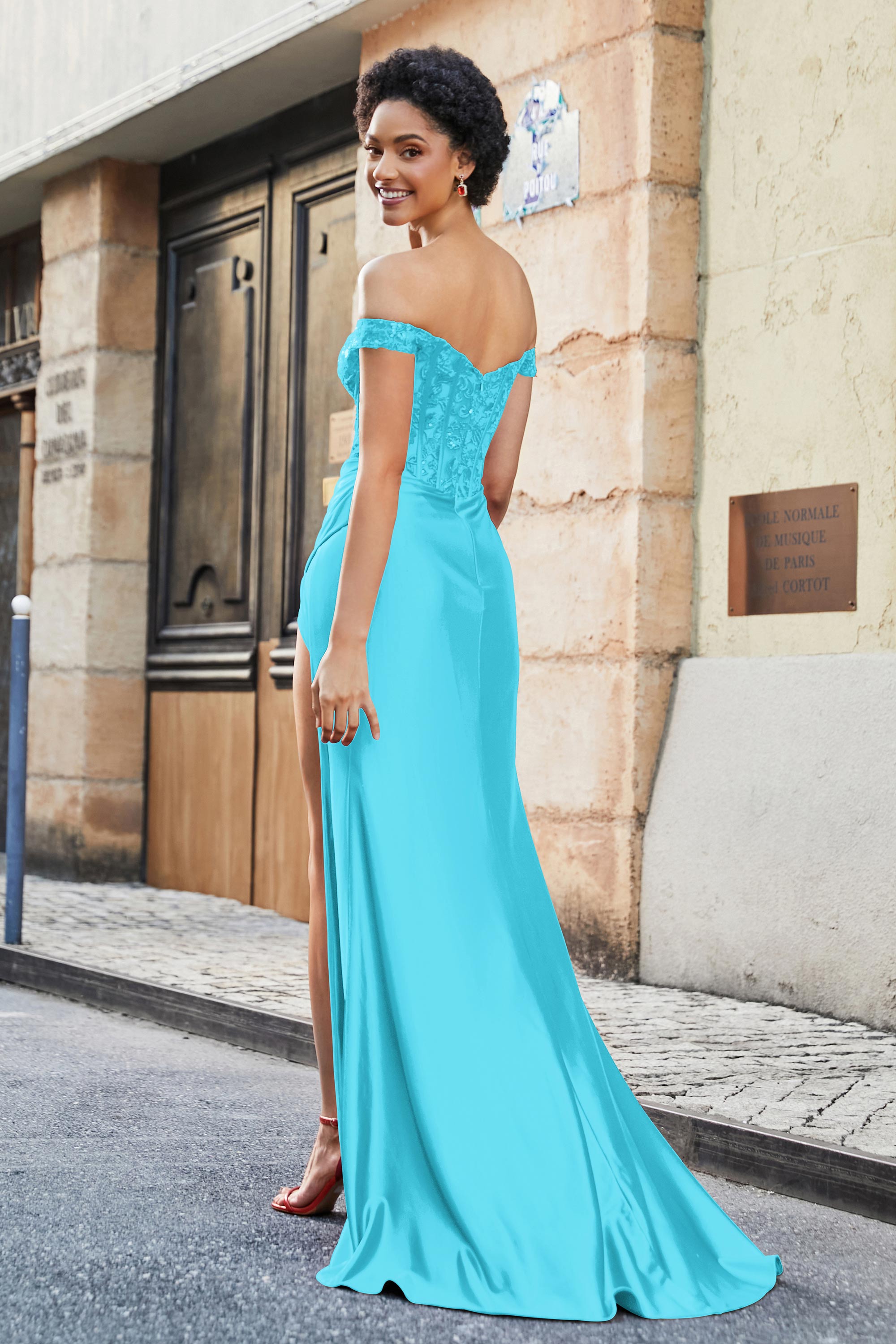 Off Shoulder Pleated Mermaid Satin Formal Evening Gown Prom Party Dresses with Slit