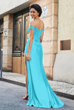 Off Shoulder Pleated Mermaid Satin Formal Evening Gown Prom Party Dresses with Slit