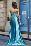 Off Shoulder Pleated Mermaid Satin Formal Evening Gown Prom Party Dresses with Slit