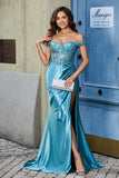 Off Shoulder Pleated Mermaid Satin Formal Evening Gown Prom Party Dresses with Slit