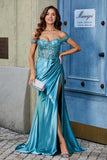 Off Shoulder Pleated Mermaid Satin Formal Evening Gown Prom Party Dresses with Slit