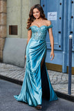 Off Shoulder Pleated Mermaid Satin Formal Evening Gown Prom Party Dresses with Slit