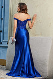 Off Shoulder Pleated Mermaid Satin Formal Evening Gown Prom Party Dresses with Slit