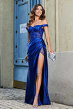 Off Shoulder Pleated Mermaid Satin Formal Evening Gown Prom Party Dresses with Slit