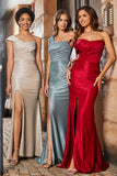 Off Shoulder High Slit Mermaid Satin Formal Evening Gown Prom Party Dresses