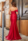 Off Shoulder High Slit Mermaid Satin Formal Evening Gown Prom Party Dresses