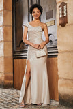Off Shoulder High Slit Mermaid Satin Formal Evening Gown Prom Party Dresses