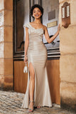 Off Shoulder High Slit Mermaid Satin Formal Evening Gown Prom Party Dresses