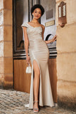 Off Shoulder High Slit Mermaid Satin Formal Evening Gown Prom Party Dresses