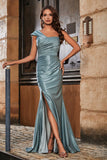 Off Shoulder High Slit Mermaid Satin Formal Evening Gown Prom Party Dresses