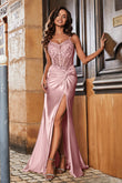 V-Neck Pleated High Slit Stretch Satin Formal Evening Gown Prom Party Dresses
