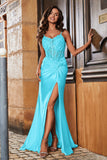 Spaghetti Straps High Slit Sheath Formal Evening Gown Prom Party Dresses