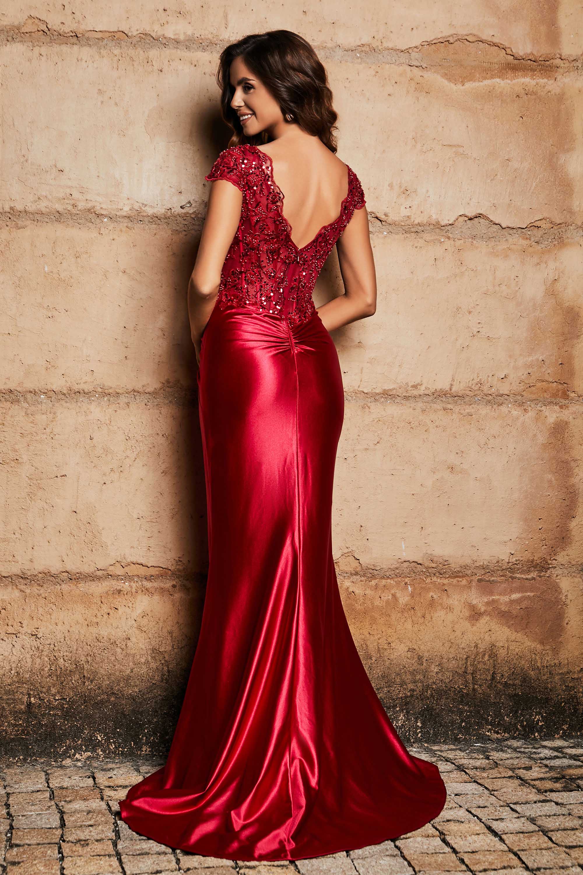 Pleated Backless Mermaid Satin Sweep Train Formal Evening Gown Prom Party Dresses