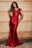 Pleated Backless Mermaid Satin Sweep Train Formal Evening Gown Prom Party Dresses