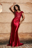 Pleated Backless Mermaid Satin Sweep Train Formal Evening Gown Prom Party Dresses
