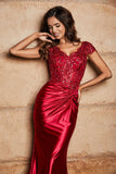 Pleated Backless Mermaid Satin Sweep Train Formal Evening Gown Prom Party Dresses