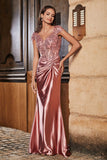 Vestido de noche formal de satén con escote de cuentas y mangas cortas para fiesta de graduación, vestido de sirena
