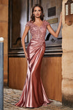 Pleated Backless Mermaid Satin Sweep Train Formal Evening Gown Prom Party Dresses