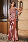 Pleated Backless Mermaid Satin Sweep Train Formal Evening Gown Prom Party Dresses