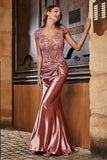 Vestido de noche formal de satén con escote de cuentas y mangas cortas para fiesta de graduación, vestido de sirena