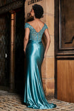 Pleated Backless Mermaid Satin Sweep Train Formal Evening Gown Prom Party Dresses
