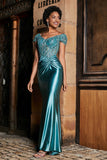 Pleated Backless Mermaid Satin Sweep Train Formal Evening Gown Prom Party Dresses