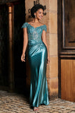 Pleated Backless Mermaid Satin Sweep Train Formal Evening Gown Prom Party Dresses
