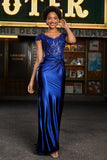 Pleated Backless Mermaid Satin Sweep Train Formal Evening Gown Prom Party Dresses