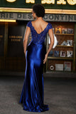 Pleated Backless Mermaid Satin Sweep Train Formal Evening Gown Prom Party Dresses