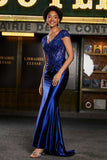 Pleated Backless Mermaid Satin Sweep Train Formal Evening Gown Prom Party Dresses