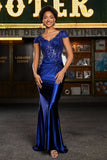 Pleated Backless Mermaid Satin Sweep Train Formal Evening Gown Prom Party Dresses