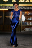 Pleated Backless Mermaid Satin Sweep Train Formal Evening Gown Prom Party Dresses